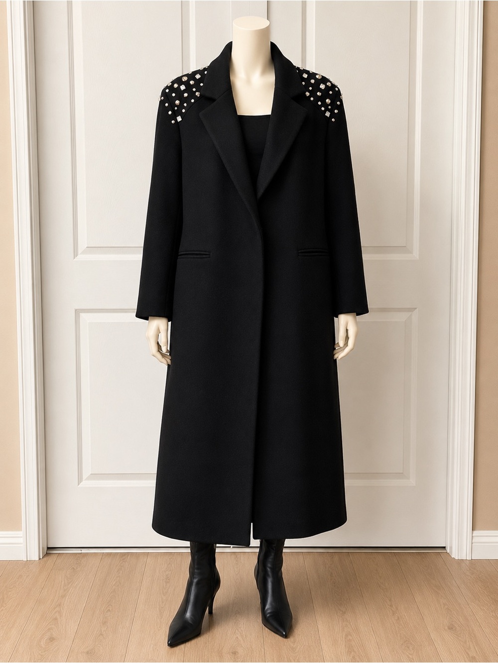 Zara limited edition manteco wool embellished crystal shoulder longcoat xs black